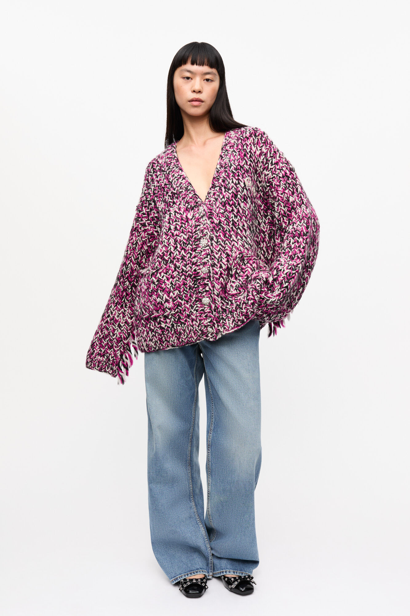 Purple Fringe Wool Handknit Cardigan, Wool, in colour Boysenberry - 1 - GANNI