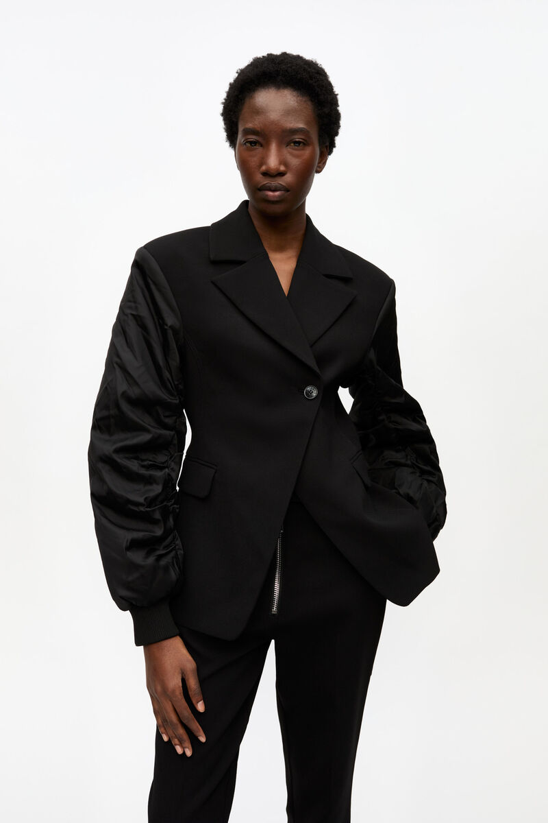 Black Bonded Crepe Mix Jacket, Recycled Polyester, in colour Black - 1 - GANNI