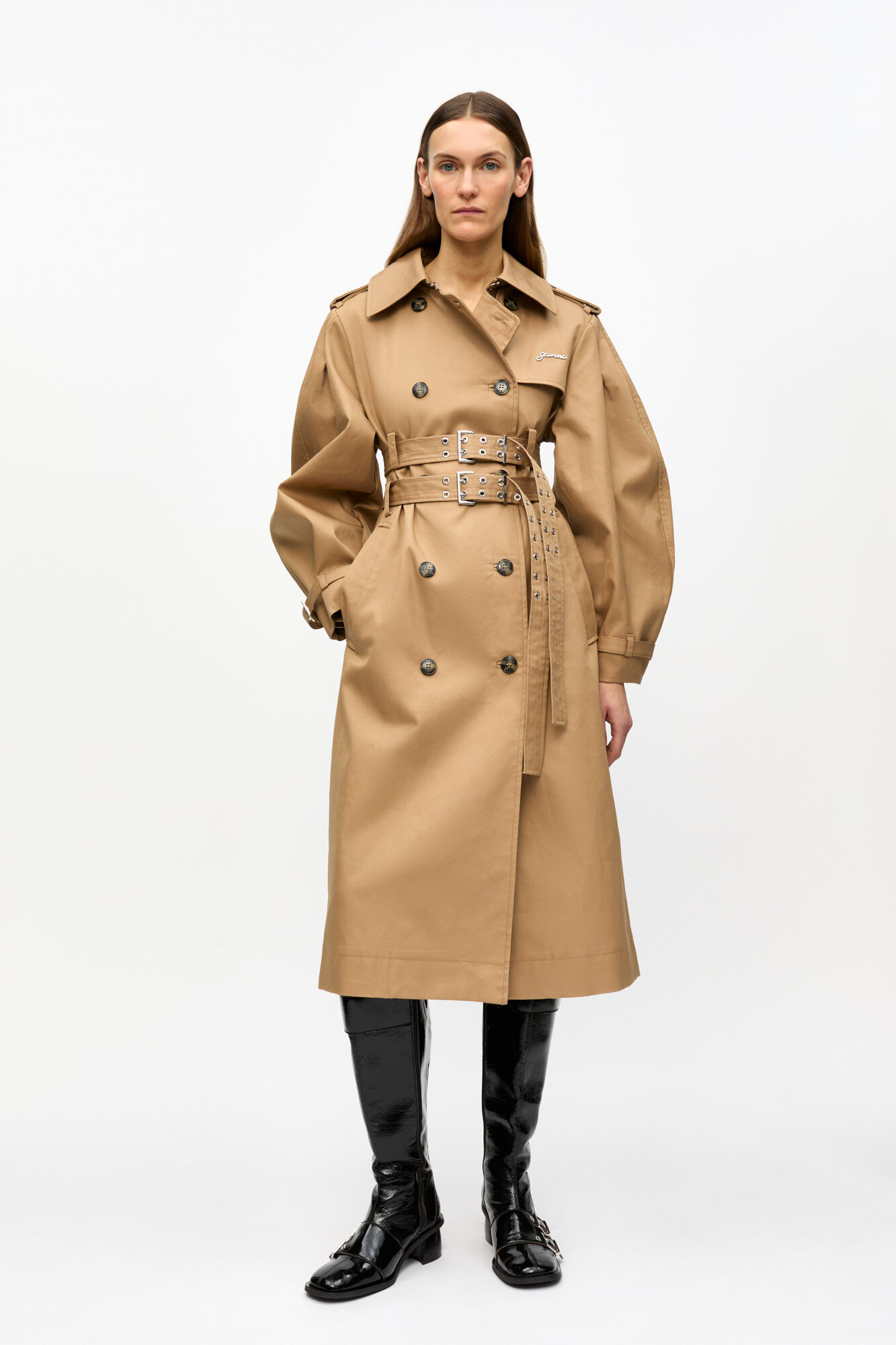 Camel Bonded Cotton Trench Coat, Cotton, in colour Tiger's Eye - 1 - GANNI