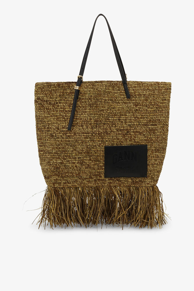 Raffia Tote Fringes Bag, Spinach Green